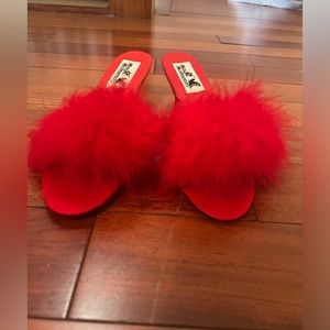 Women's Red Fuzzy Wedge Sandals